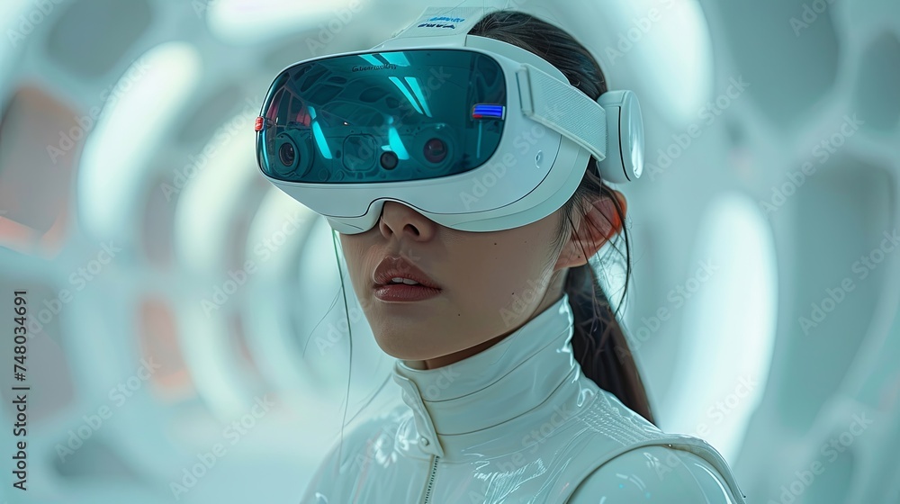 A woman wearing virtual reality glasses is reaching up their hand, in the style of light white and light azure, site-specific work, bold chromaticity, youthful protagonists. Generative AI A woman wearing virtual reality glasses is reaching up their hand, in the style of light white and light azure, site-specific work, bold chromaticity, youthful protagonists. Generative AI