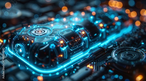 the circuit board on a computer, in the style of light sky-blue and navy, precisionism influence, focus on materials, hyper-realistic atmospheres. Generative AI.