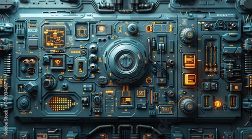 the circuit board on a computer, in the style of light sky-blue and navy, precisionism influence, focus on materials, hyper-realistic atmospheres. Generative AI.