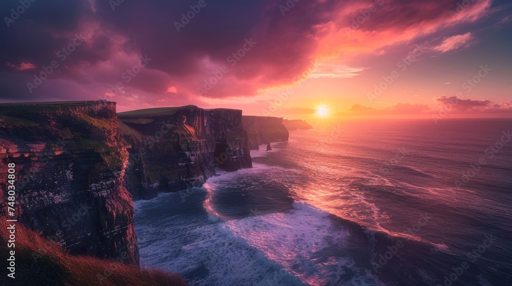 Εκτύπωση καμβά Breathtaking beauty of sunset, where rugged cliffs meet the crashing waves of the ocean, painting the sky in a palette of vibrant hues