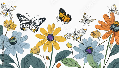 vector drawing garden flowers and butterflies  dragonfly and bumblebee at white background  hand drawn botanical illustration