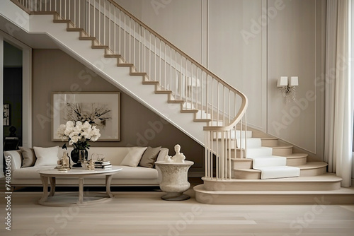 Elegant beige staircase in a Scandinavian interior  capturing the essence of modern design and understated beauty.