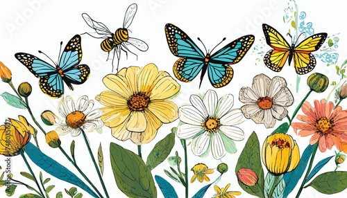 vector drawing garden flowers and butterflies, dragonfly and bumblebee at white background, hand drawn botanical illustration © Antonio