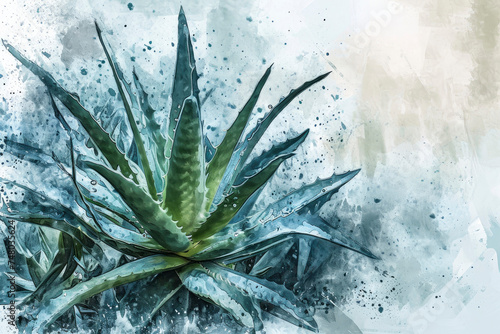 aloe watercolor artistic composition of leaves illustration blue tint