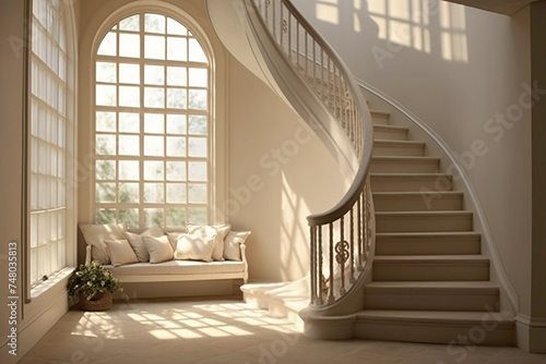 Beige staircase leading to a tranquil window space, perfect for quiet contemplation. © ASMAT