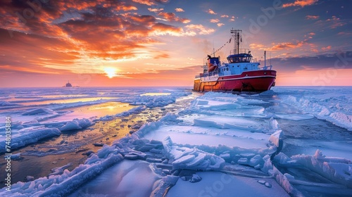 Power and majesty of an icebreaking vessel as it navigates through icy waters, carving a path forward in the frozen expanse of a tranquil lake.