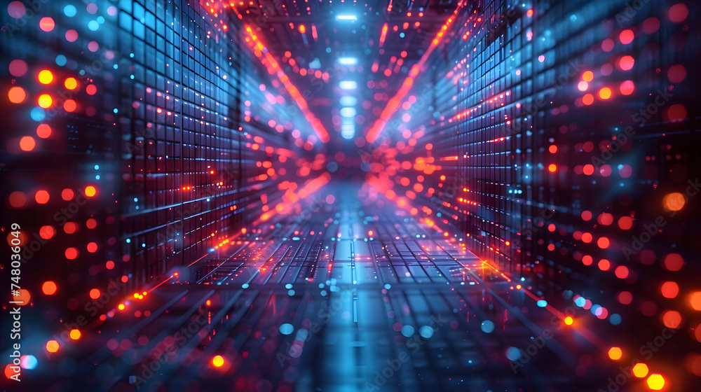 Fototapeta premium Futuristic Abstract Background with Dynamic Light Tunnel. Speed and Motion Digital Circuit Tunnel of Lighting. Creates Power of Energetic Innovative Technology of Speed and Energy Movement.