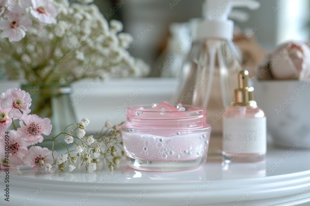 Facial skin correct skin care cream. Skincare treatment products: carrot seed oil lotion, skincare myrtle oil gel, oil, pipette with cuticle remover serum and finger jar pot Facial skin correct skin care cream. Skincare treatment products: carrot seed oil lotion, skincare myrtle oil gel, oil, pipette with cuticle remover serum and finger jar pot