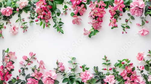 A creative flat lay of pink roses, green leaves, and smaller flowers arranged into a decorative frame on a bright white background