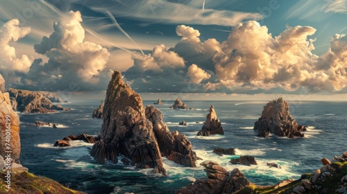 Scenic vista of rocks rising from the sea against a backdrop of dramatic clouds.