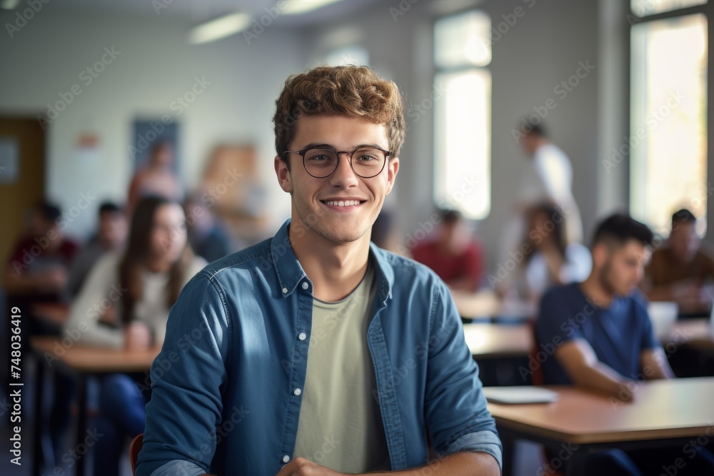 A smiling student is sitting at a desk in a classroom at school. A smiling student is sitting at a desk in a classroom at school.