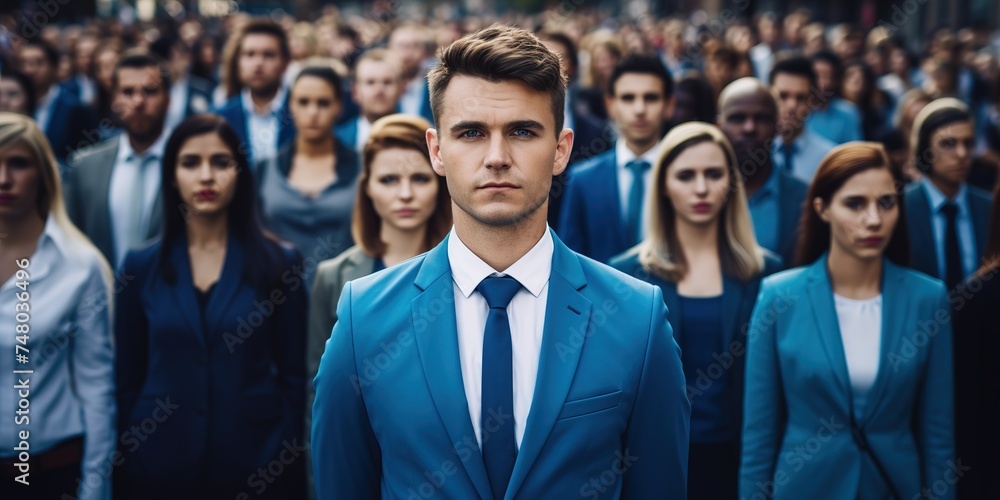 Young man in blue suit standing out from crowd. Young man in blue suit standing out from crowd.
