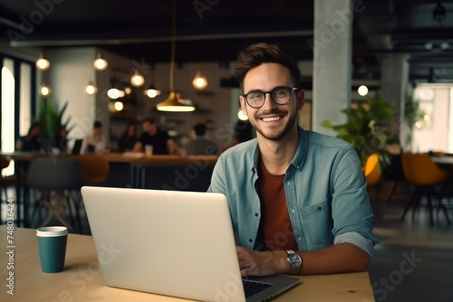 A smiling freelancer man is working on a laptop in a cafe.  © Alexandr