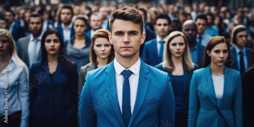 Young man in blue suit standing out from crowd.