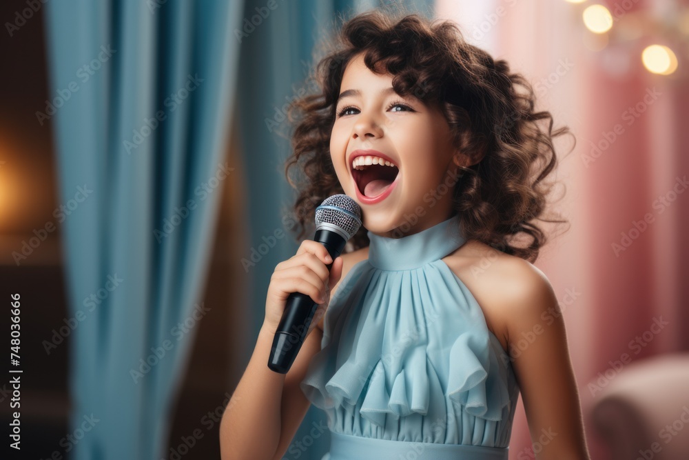 portrait of beautiful girl in blue dress singing with microphone at home portrait of beautiful girl in blue dress singing with microphone at home