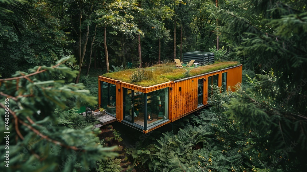 Fototapeta premium Eco-Friendly Container Home Among Trees
