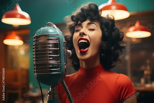 Beautiful young woman singing in a vintage microphone. Retro style.
