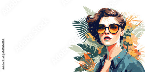 Beautiful woman in sunglasses at summer vacation with tropical leaves in background. Flat vector illustration isolated on white background.