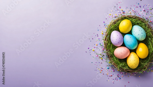 Ester banner Colorful handcrafted Easter eggs on purple backdrop  flat lay Text space on card Copy space image Place for adding text or design