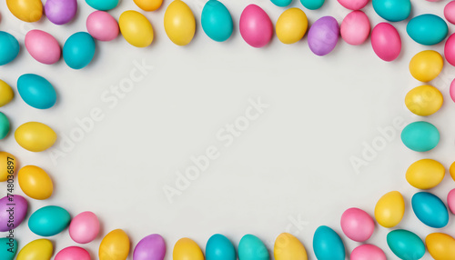 Ester banner Colorful handcrafted Easter eggs surrounded on clean white backdrop  flat lay Text space on card Copy space image Place for adding text or design