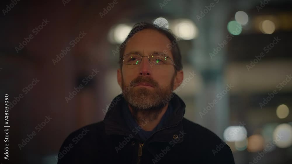Man with Closed Eyes Dreaming Relaxed Outside in the City at Night Man with Closed Eyes Dreaming Relaxed Outside in the City at Night