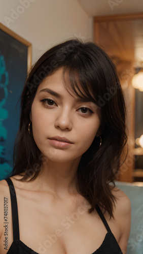 Brunette girl in close-up. Serious look. Created with generative AI tools.