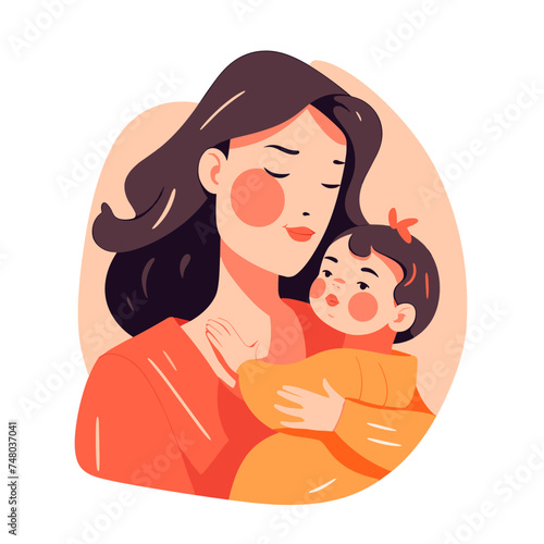 Mother holding her little baby on hands. Flat vector illustration isolated on white background.