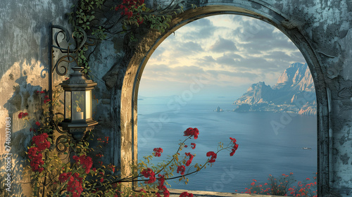 scenic view of the sea and a distant land mass, framed by an arched opening in a textured wall, with a lantern and flowering plant in the foreground