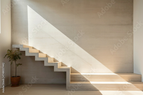 Minimalist Scandinavian stairs adorned with subtle beige hues, complemented by natural wood elements and soft ambient lighting. photo