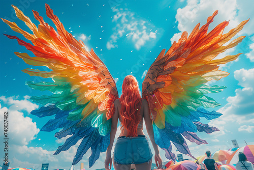 LGBTQ individuals breaking free from societal constraints and embracing their true selves, symbolized by colorful wings spreading wide as they soar into the sky