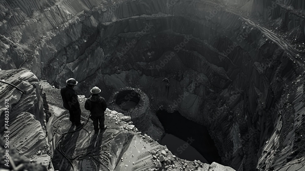 Coal mine workers in an open pit - obrazy, fototapety, plakaty 