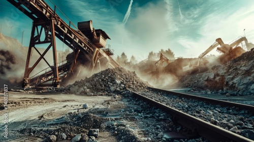 Industrial heavy machines with conveyor belts crushing stones for covering railway tracks in quarry with dirt and dust