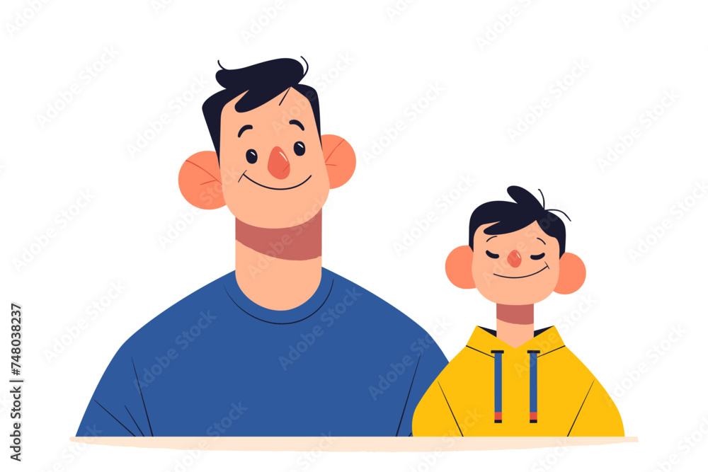 Father and son smiling portrait. Flat vector illustration isolated on white background. Father and son smiling portrait. Flat vector illustration isolated on white background.