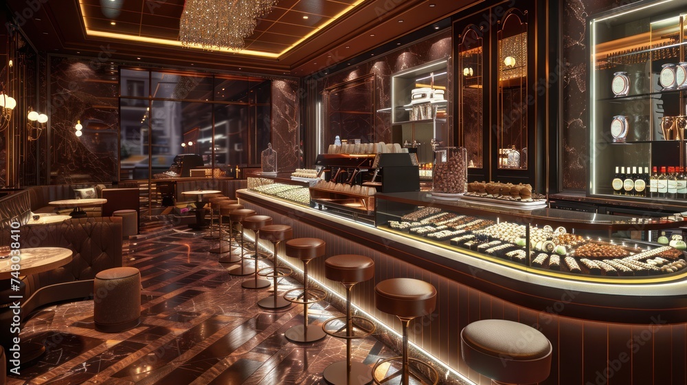 At a chic chocolate bar, a sleek counter adorned with stools invites patrons to indulge in sweet delights.
