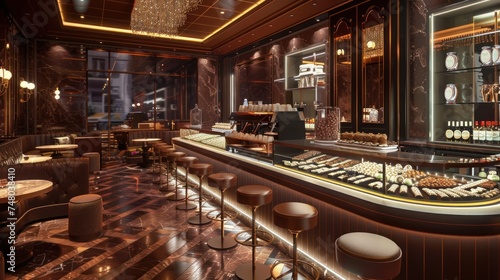 At a chic chocolate bar, a sleek counter adorned with stools invites patrons to indulge in sweet delights.