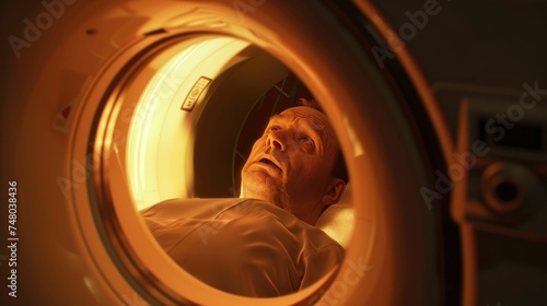 A worried middle-aged man lies still during a claustrophobic MRI scanning procedure.
