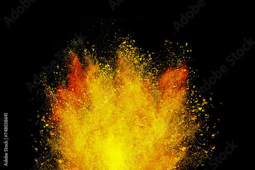 Abstract powder splatted background. Colorful powder explosion on black background. Colored cloud. Colorful dust explode. Freeze motion of red color powder exploding 