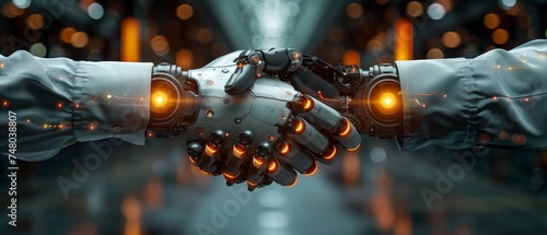 Businessperson shaking hands with digital partner over futuristic background. Artificial intelligence and machine learning process for the 4th Industrial Revolution.
