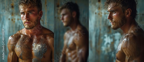 An athlete with a handsome and muscular physique is presented in multiple portraits photo