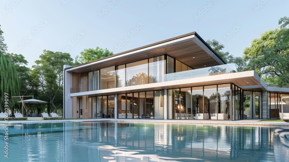 3D rendering of a luxurious modern house with swimming pool in day time on a green lake background. Minimal architecture design.