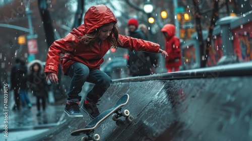 Girl fearlessly navigates a skateboard ramp, displaying skill and determination in her exhilarating pursuit. 
