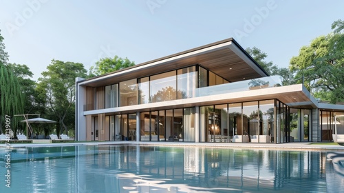 3D rendering of a luxurious modern house with swimming pool in day time on a green lake background. Minimal architecture design. © Zaleman
