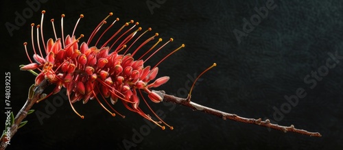 A vibrant red flower, ready to bloom, stands out on a branch of the Red Silky Oak tree, also known as Banks Grevillea photo