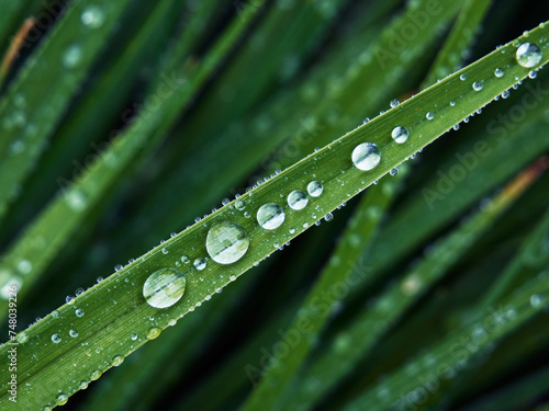 Raindrops glisten on the narrow leaves of the green grass, a beautiful natural abstract still life
