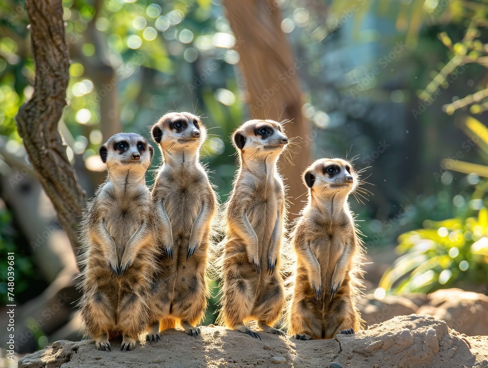 Obraz premium Curious meerkats standing guard, a snapshot of social behavior and vigilance in the animal kingdom