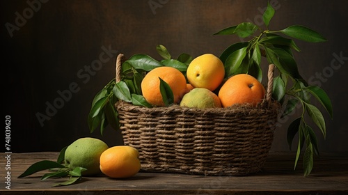 Ripe yellow mangoes in a basket on a wooden background, tropical mangoes,