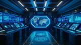 Futuristic command center with a blue data analytics dashboard, monitoring digital trends, ideal for tech innovation and cybersecurity themes.