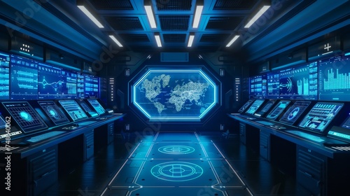 Futuristic command center with a blue data analytics dashboard  monitoring digital trends  ideal for tech innovation and cybersecurity themes.