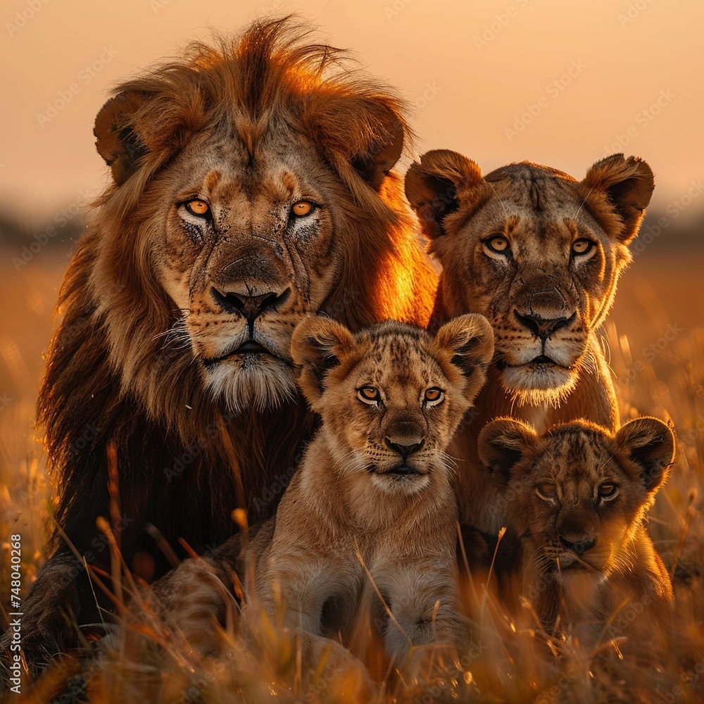 Golden hour with a lion pride, the ultimate portrayal of family and strength in the animal kingdom Golden hour with a lion pride, the ultimate portrayal of family and strength in the animal kingdom