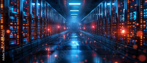An image of a corridor in a data center full of rack servers and supercomputers with an Internet visualization projector.